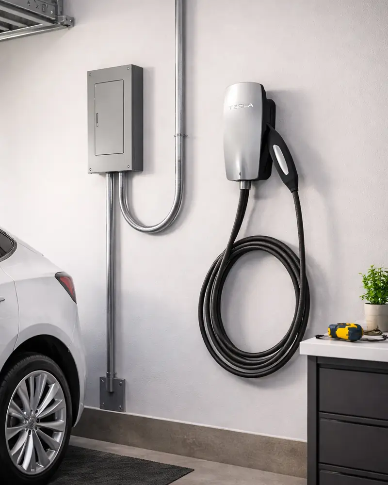 Wall-mounted EV charger installed in a garage