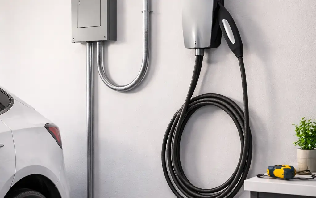 Wall-mounted EV charger installed in a garage