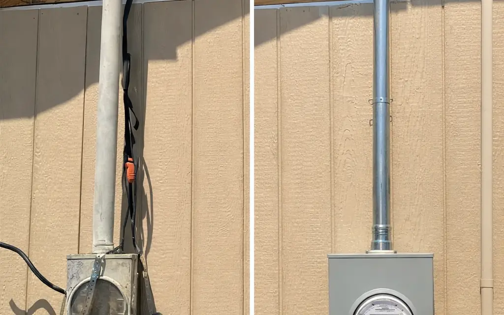 Damaged meter base changed out by Paramount Electric, before and after, Hernando MS